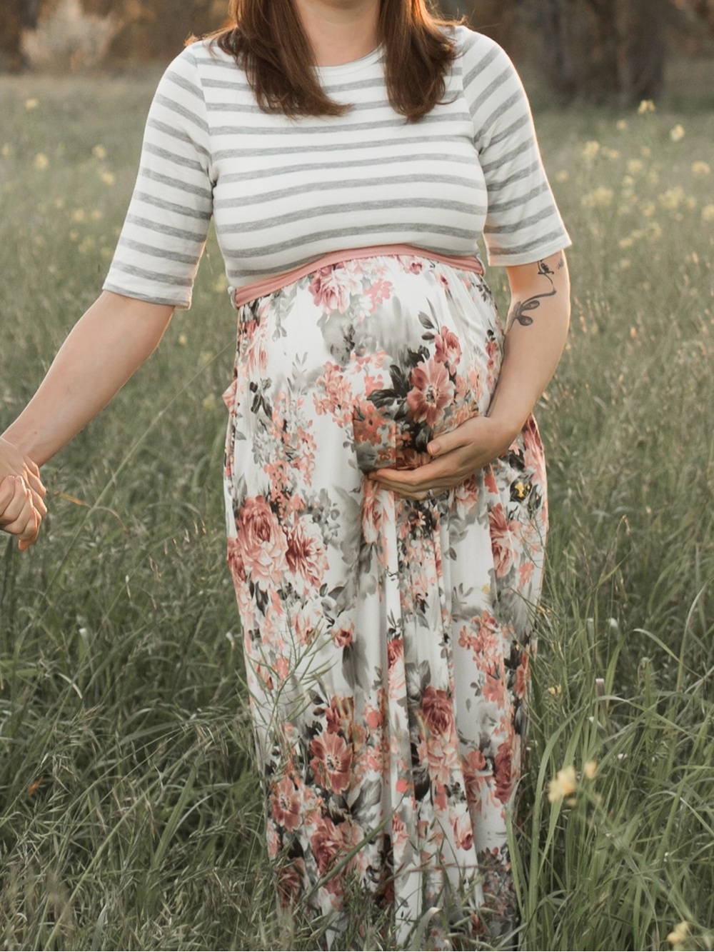 PinkBlush Floral & Gray Stripe Long Maternity Dress